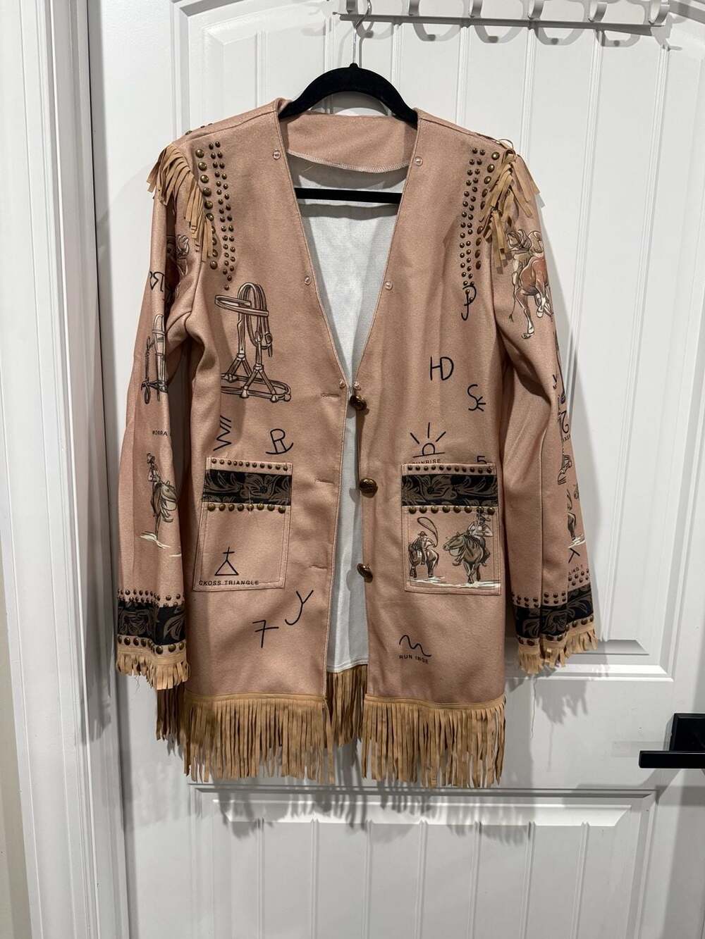 Western Fringe Studded Cowboy Ranch Print Jacket Coat Tan Boho Y2K - Picture 4 of 7